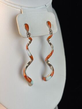 Sterling Silver Orange Spiny/ Opal Swirl Drop Earrings